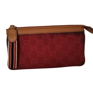 Gucci Red GG Monogram Nylon Pouch Leather Trim Web Stripe 339557 520981